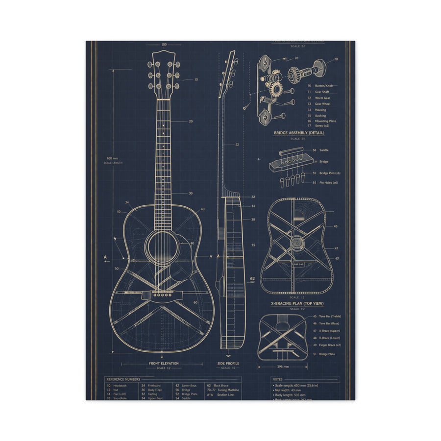 Acoustic Guitar Technical Blueprint Wall Art & Canvas Print