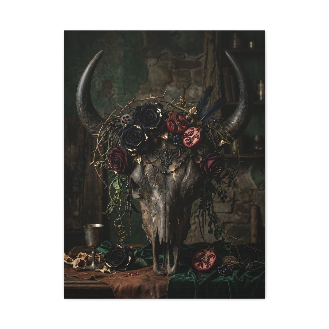 Western Gothic Bull Skull Floral Still Life Wall Art & Canvas Print