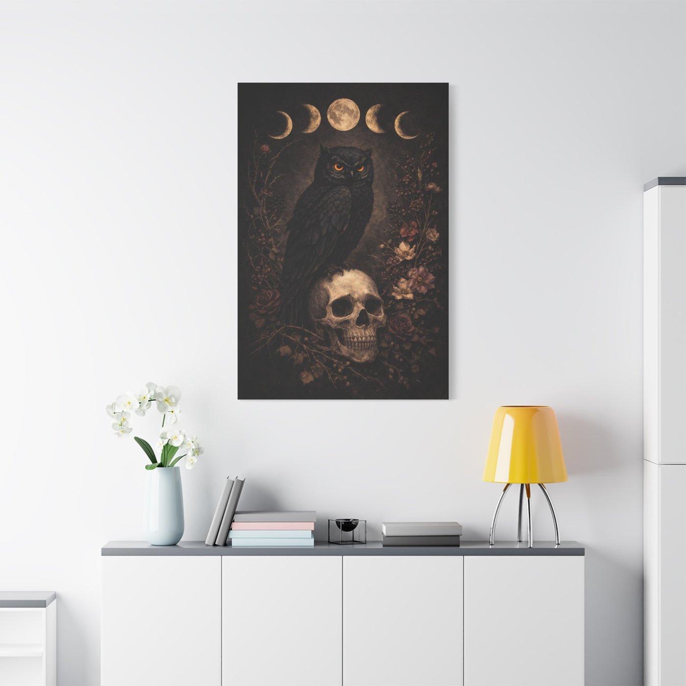 Gothic Moon Phase Owl Skull Wall Art & Canvas Print