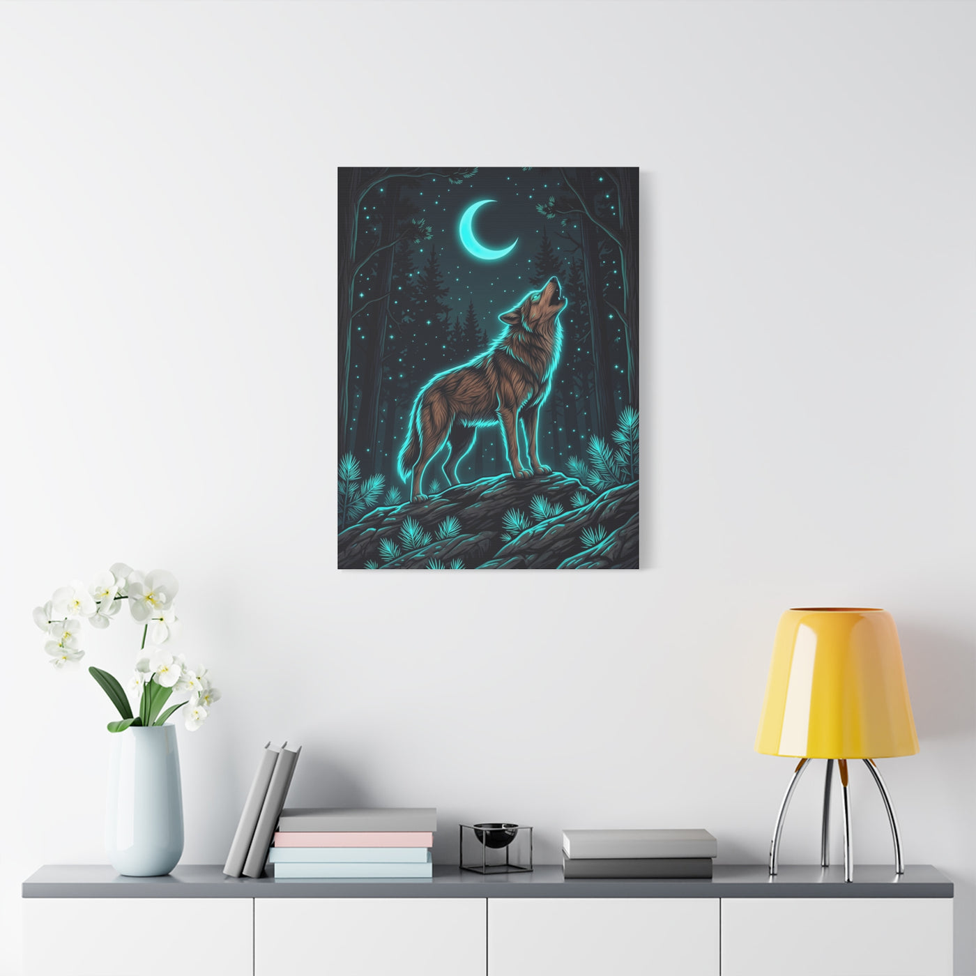 Moonlit Forest Wolf Neon Outline Scene Wall Art & Canvas Print