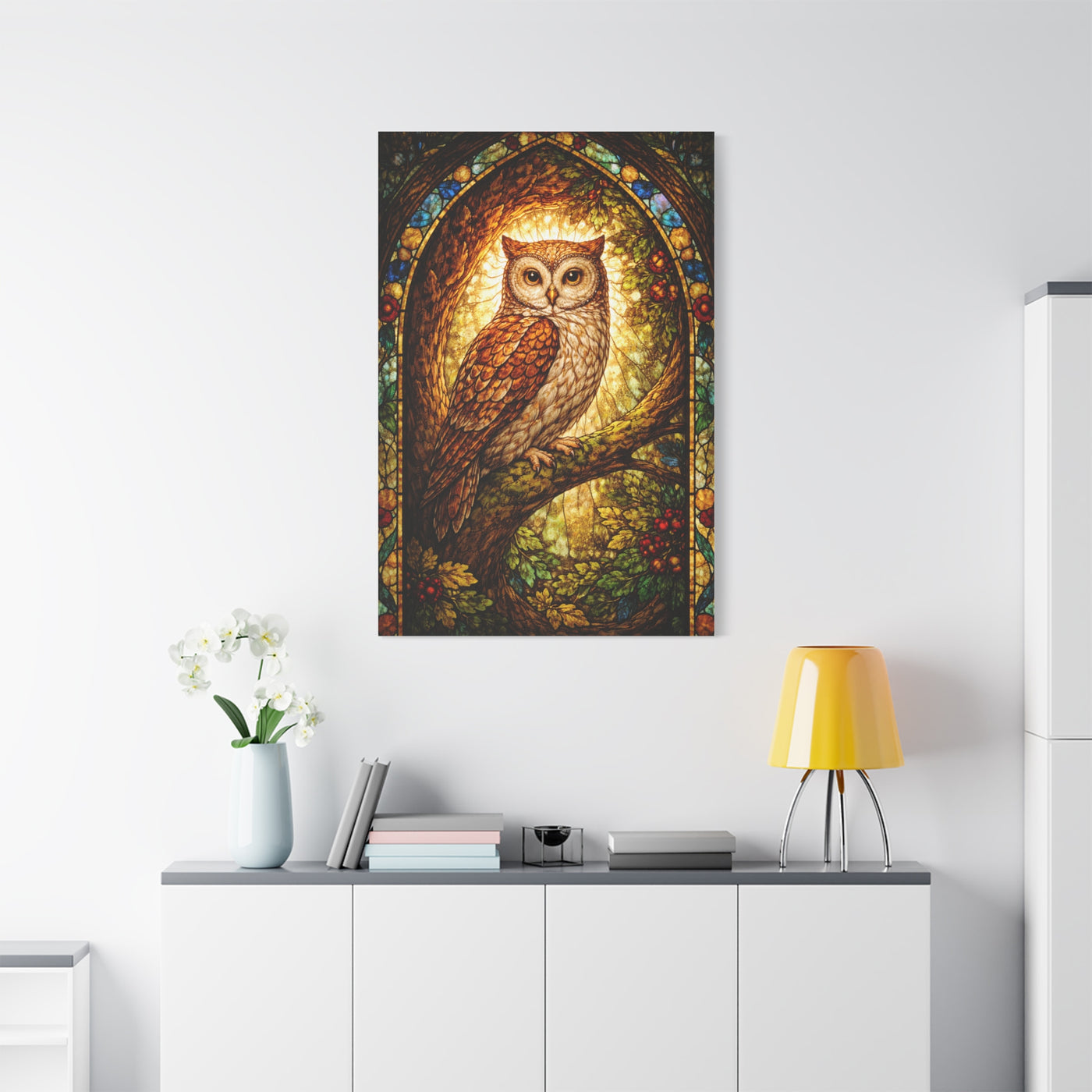 Stained Glass Forest Owl Window Wall Art & Canvas Print