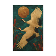 Golden Moon & Green Sky Crane Flight Wall Art & Canvas Print