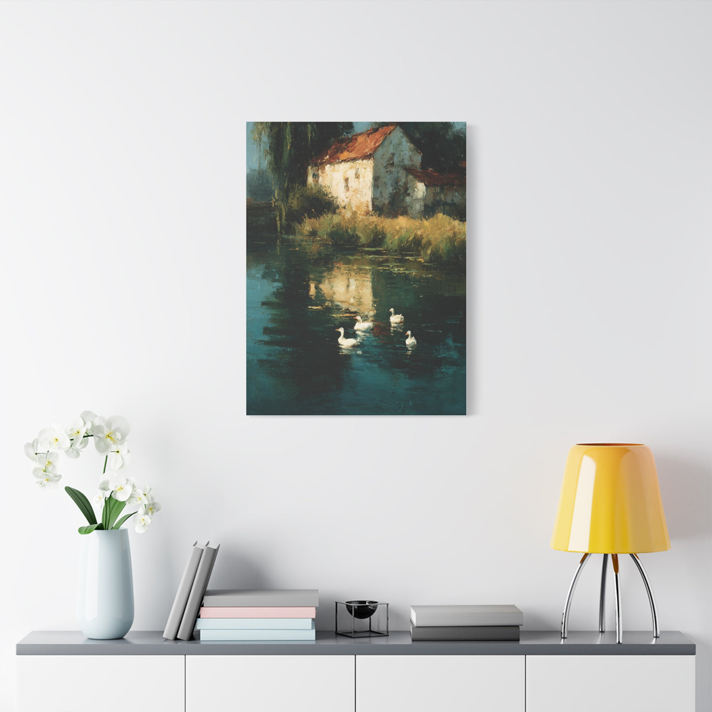 Farmhouse Pond with Ducks Reflection Wall Art & Canvas Print