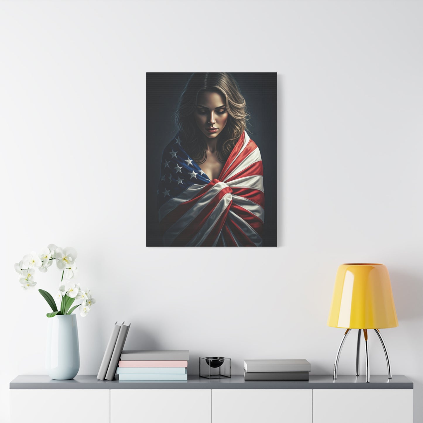 Woman Draped in American Flag Reflection Wall Art & Canvas Prints