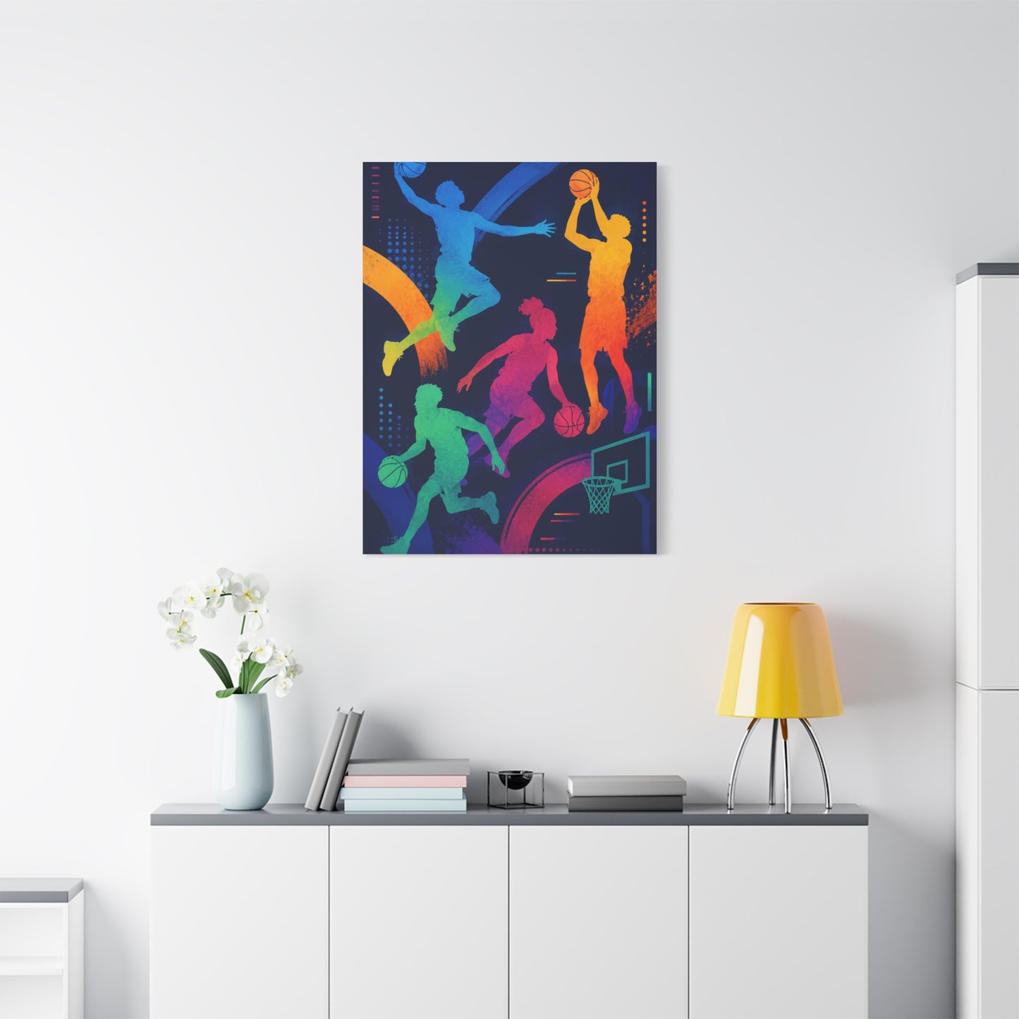 Rainbow Basketball Silhouette Sports Wall Art & Canvas Print