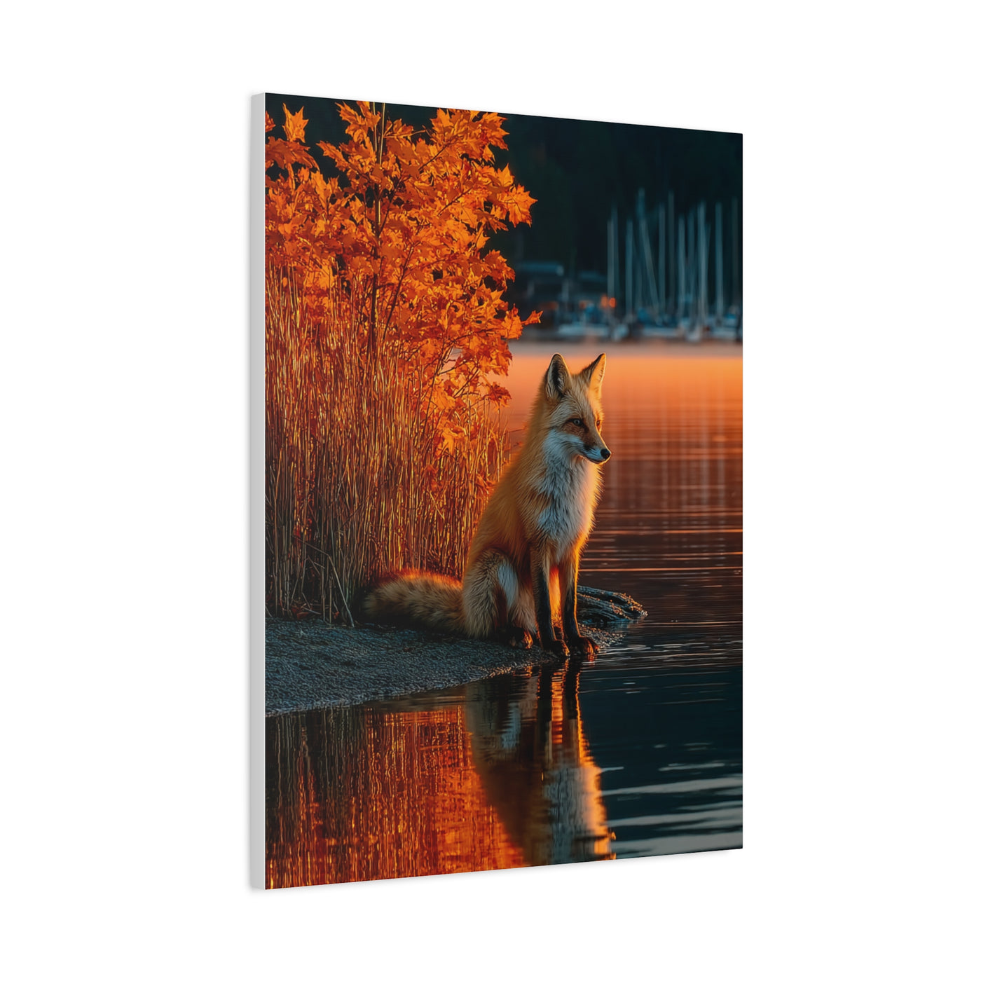 Autumn Lakeside Fox Reflection Wall Art & Canvas Print
