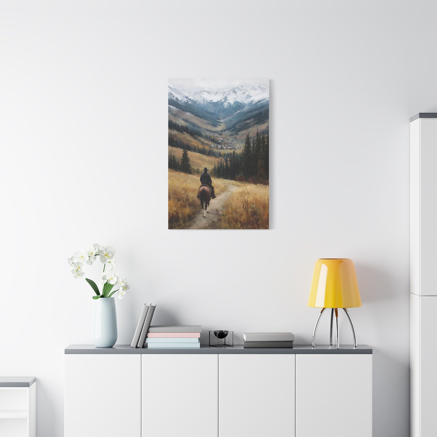 Cowboy Riding Toward a Hidden Mountain Valley Wall Art & Canvas Print