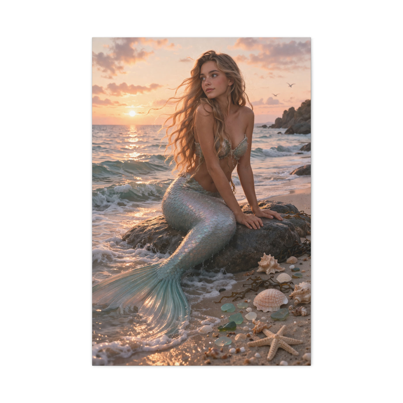Golden Sunset Shore Mermaid Wall Art & Canvas Print
