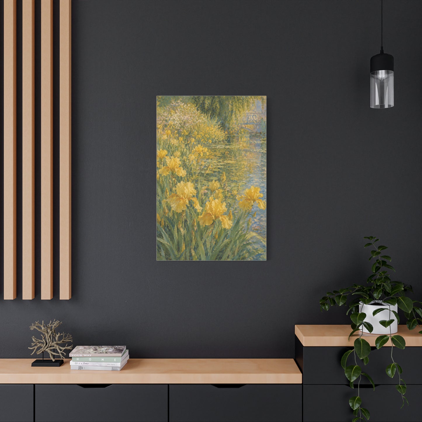 Impressionist Yellow Iris Garden Waterside Scene Wall Art & Canvas Print