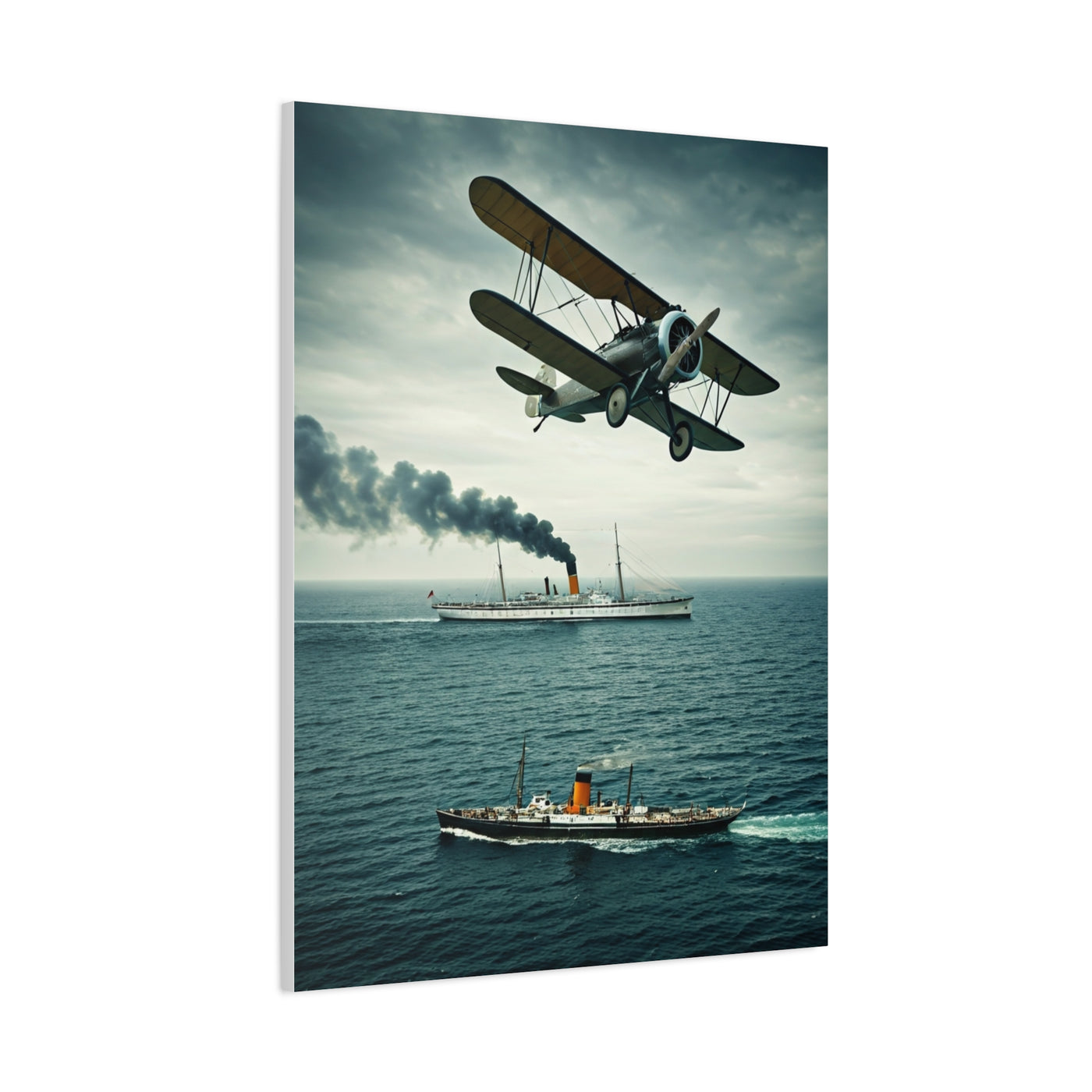 Vintage Biplane Over Open Sea Wall Art & Canvas Prints
