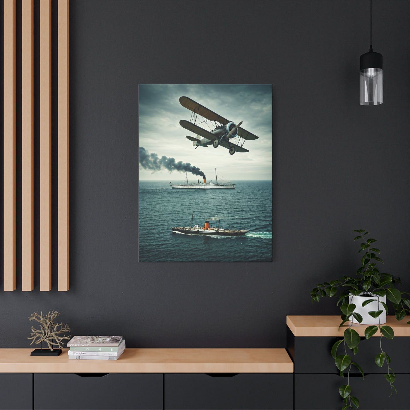 Vintage Biplane Over Open Sea Wall Art & Canvas Prints