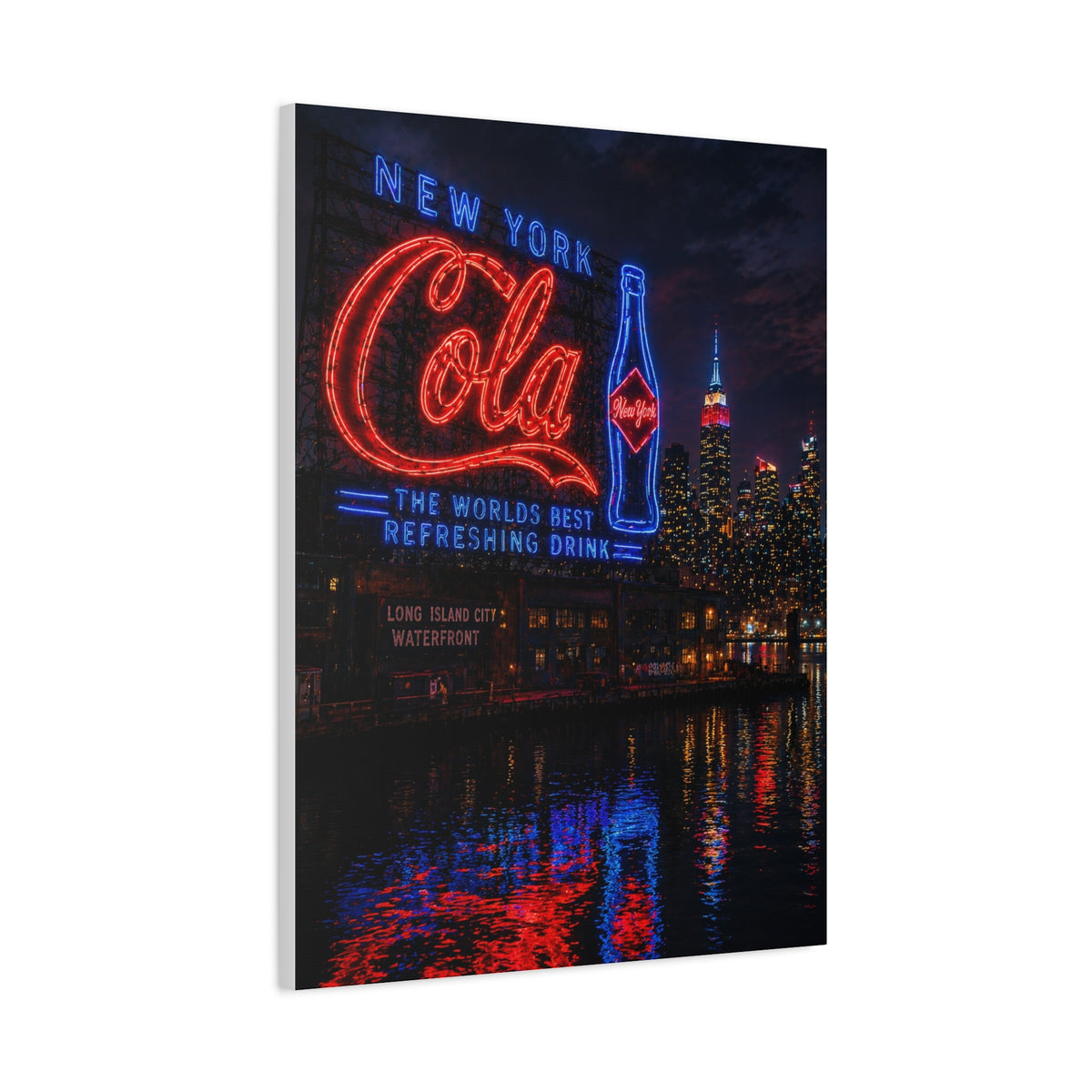 Neon Waterfront Skyline Cola Sign Wall Art & Canvas Print