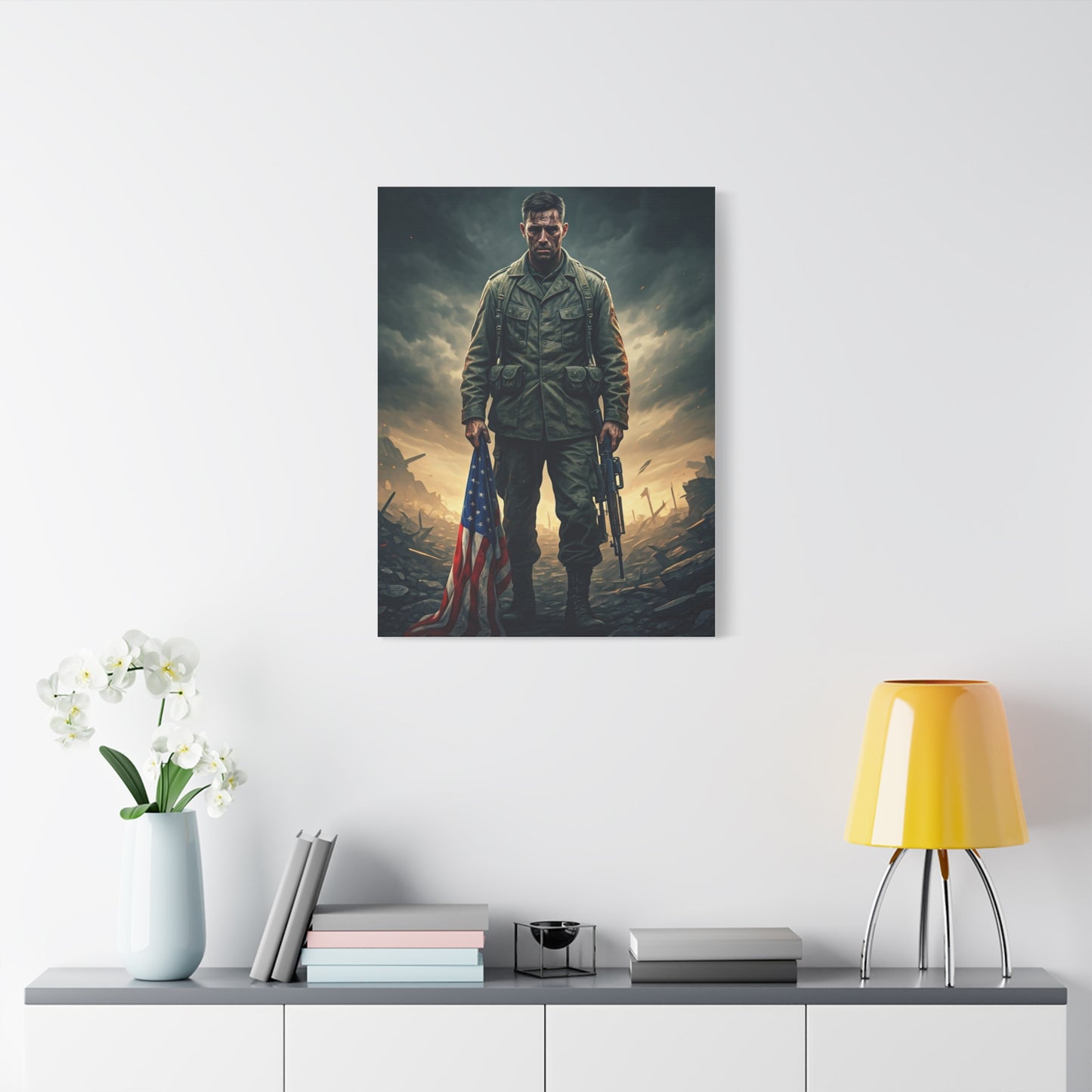 Soldier Standing With Flag of Courage Wall Art & Canvas Prints