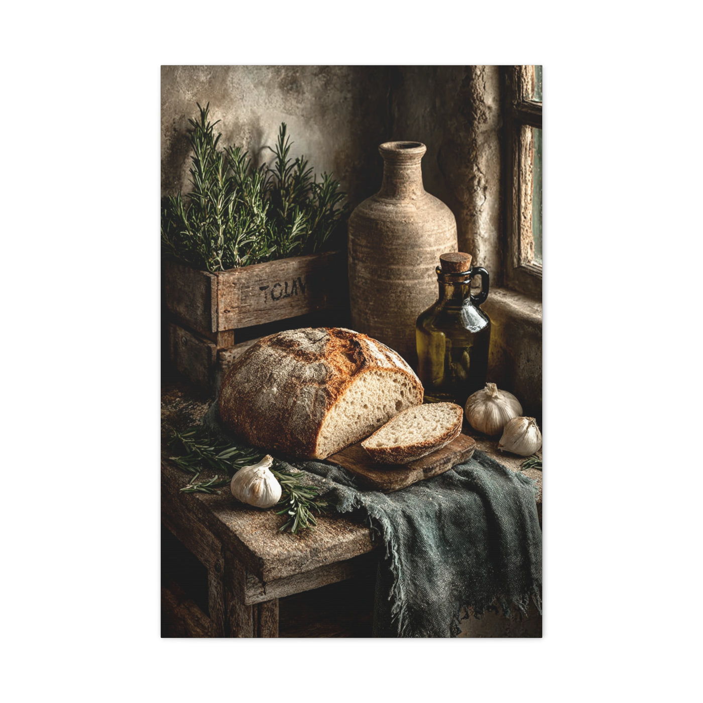 Rustic Bread and Olive Oil Still Life Wall Art & Canvas Print