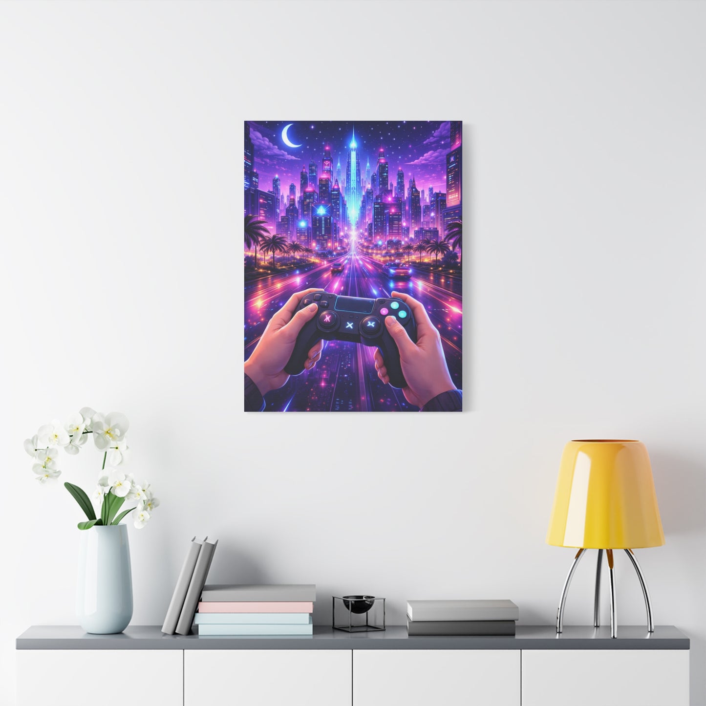 Cyberpunk Night Drive Gaming Scene Wall Art & Canvas Print