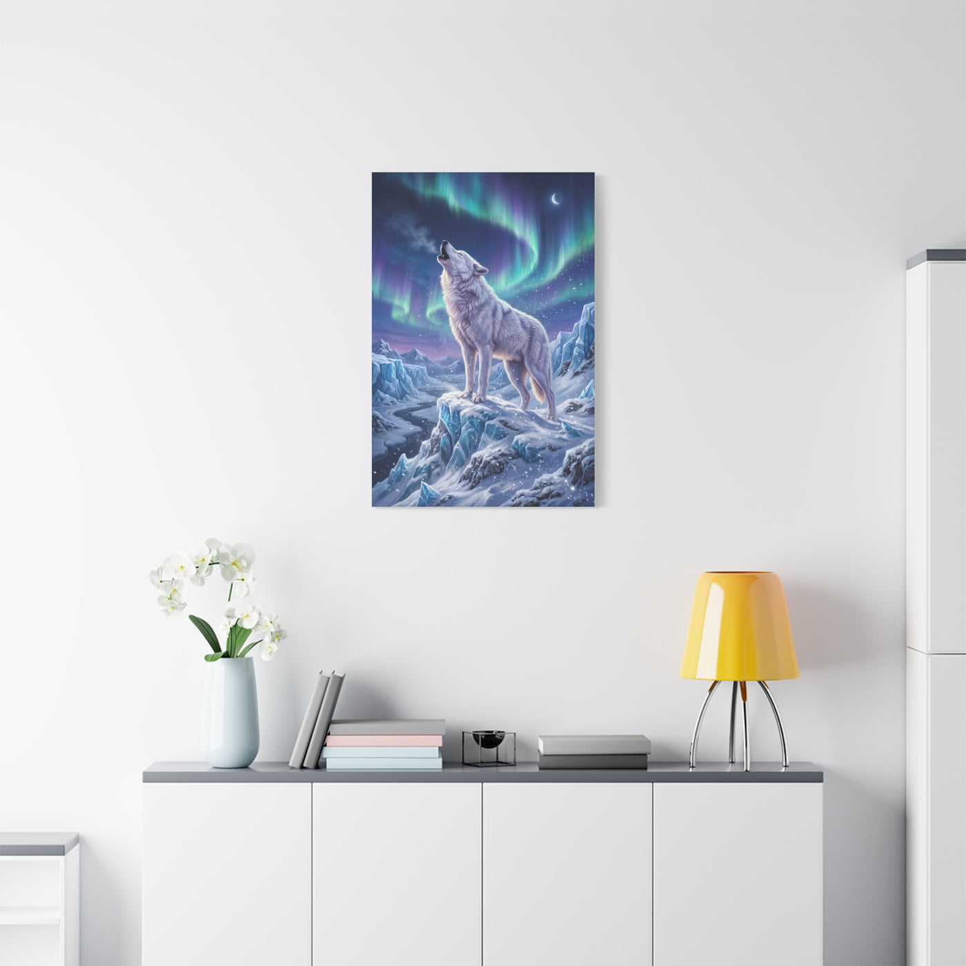 Arctic Wolf Aurora Borealis Scene Wall Art & Canvas Print