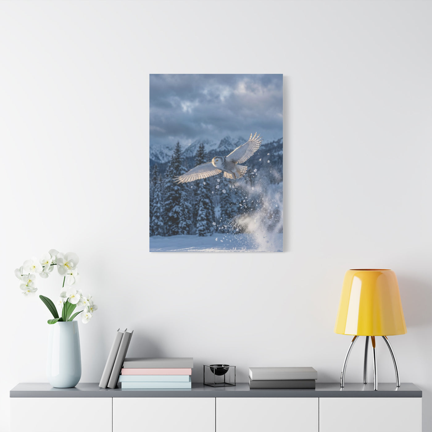 Snowy Owl Mountain Flight Wall Art & Canvas Print
