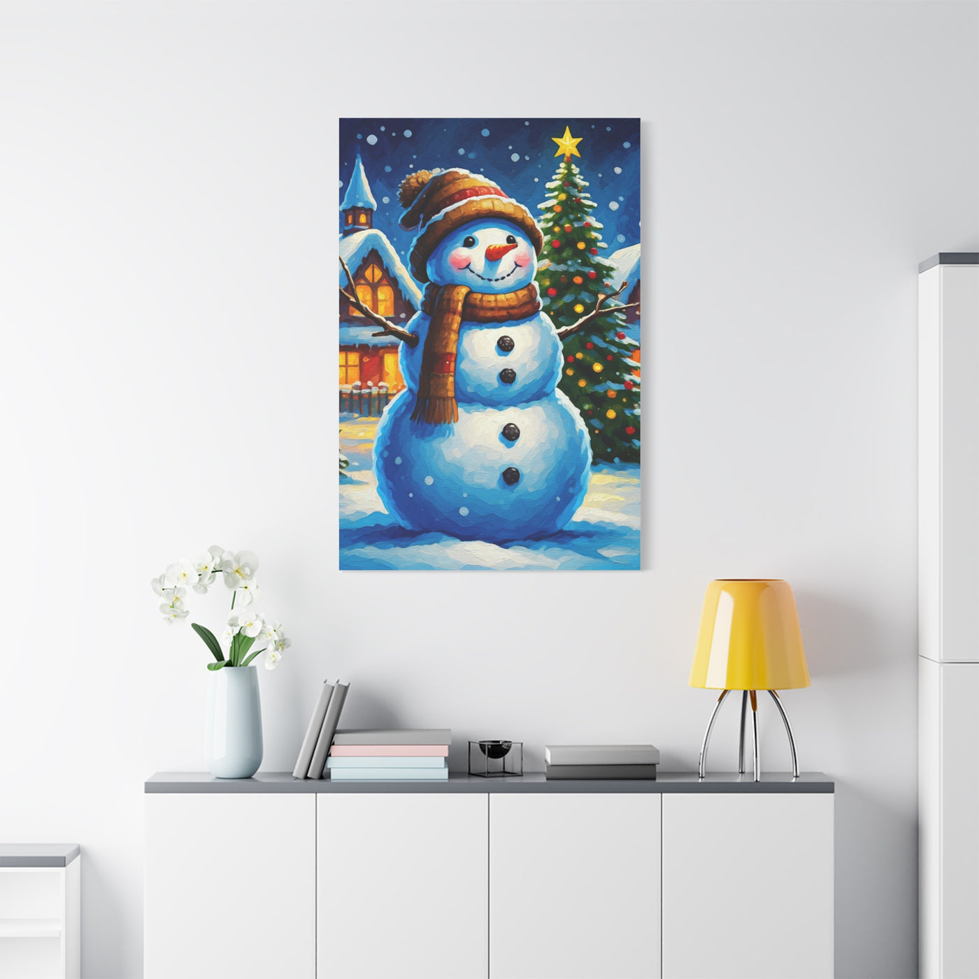 Artistic Snowman in Winter Village Scene Wall Art & Canvas Print