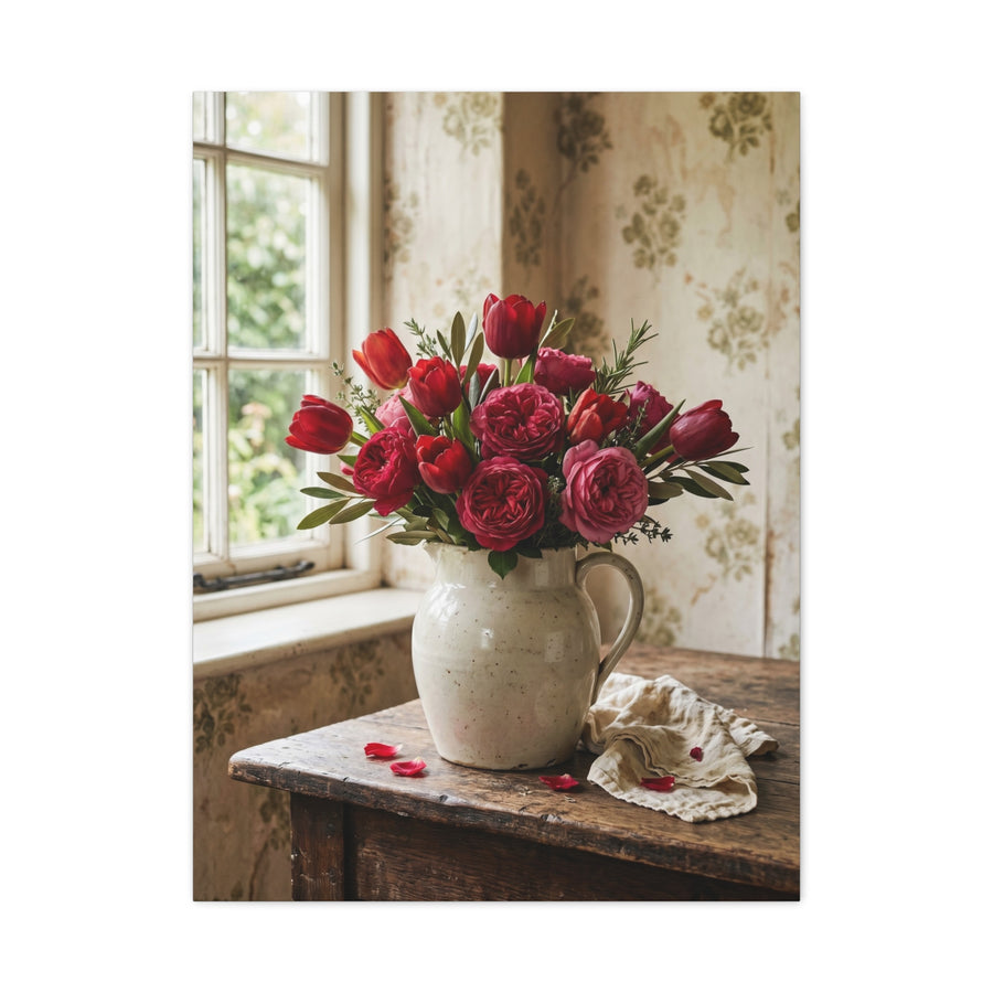 English Cottage Red Tulip Still Life Wall Art & Canvas Print