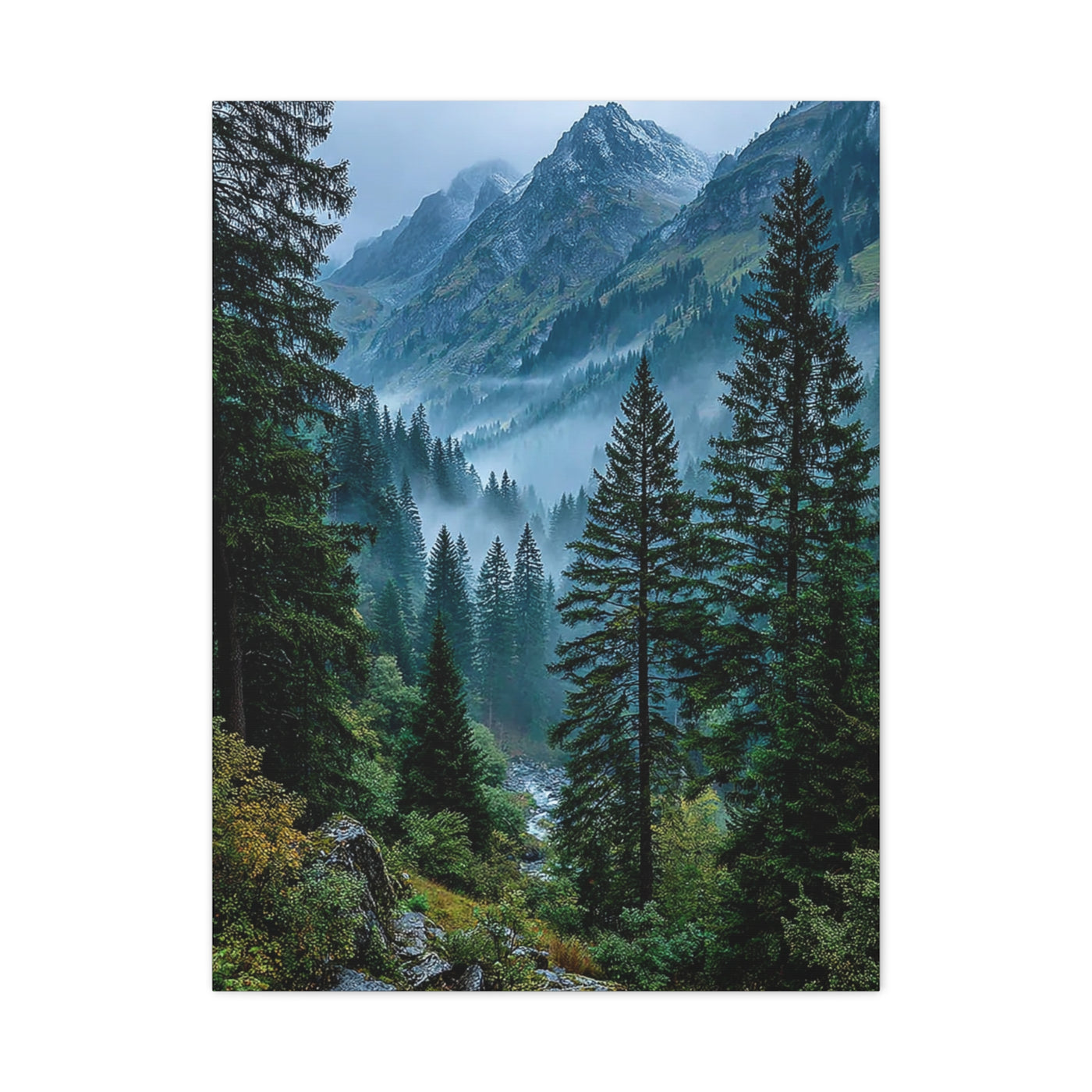 Misty Alpine Forest Valley Wall Art & Canvas Print
