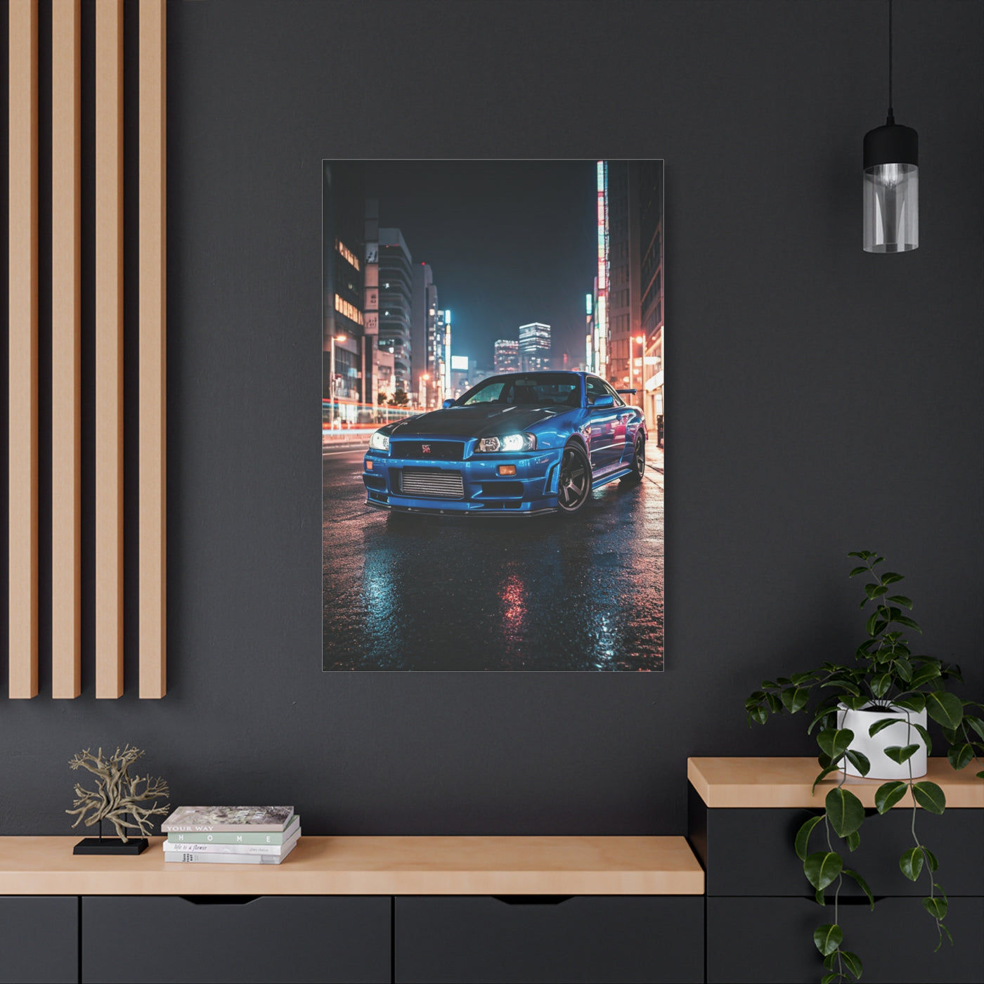 Nissan Skyline GT-R R34 City Rain Reflections Wall Art & Canvas Prints