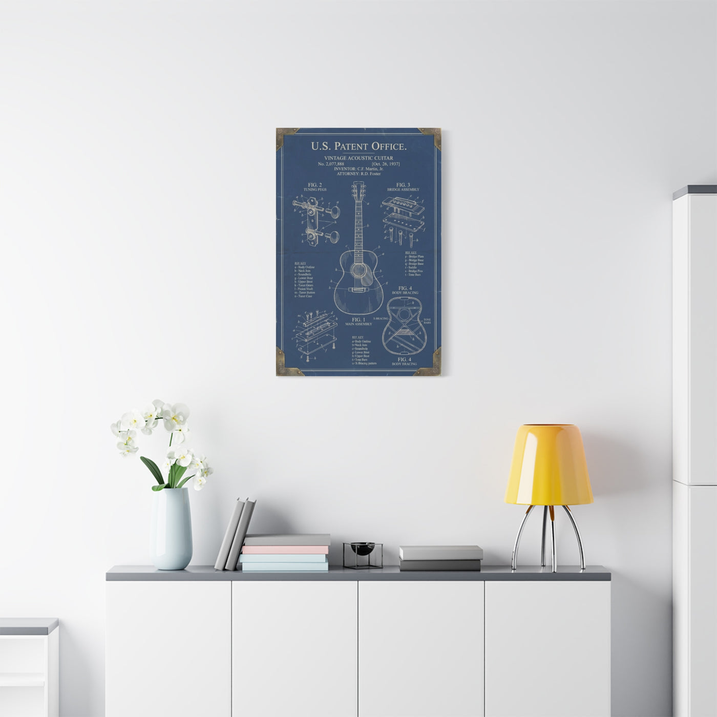 Vintage Acoustic Guitar Patent Blueprint Wall Art & Canvas Print