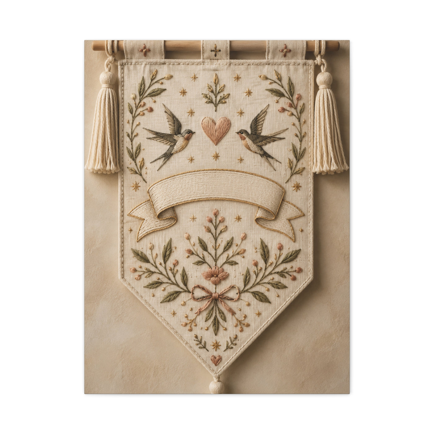 Hand-Embroidered Romantic Birds Textile Wall Art & Canvas Print