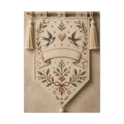 Hand-Embroidered Romantic Birds Textile Wall Art & Canvas Print