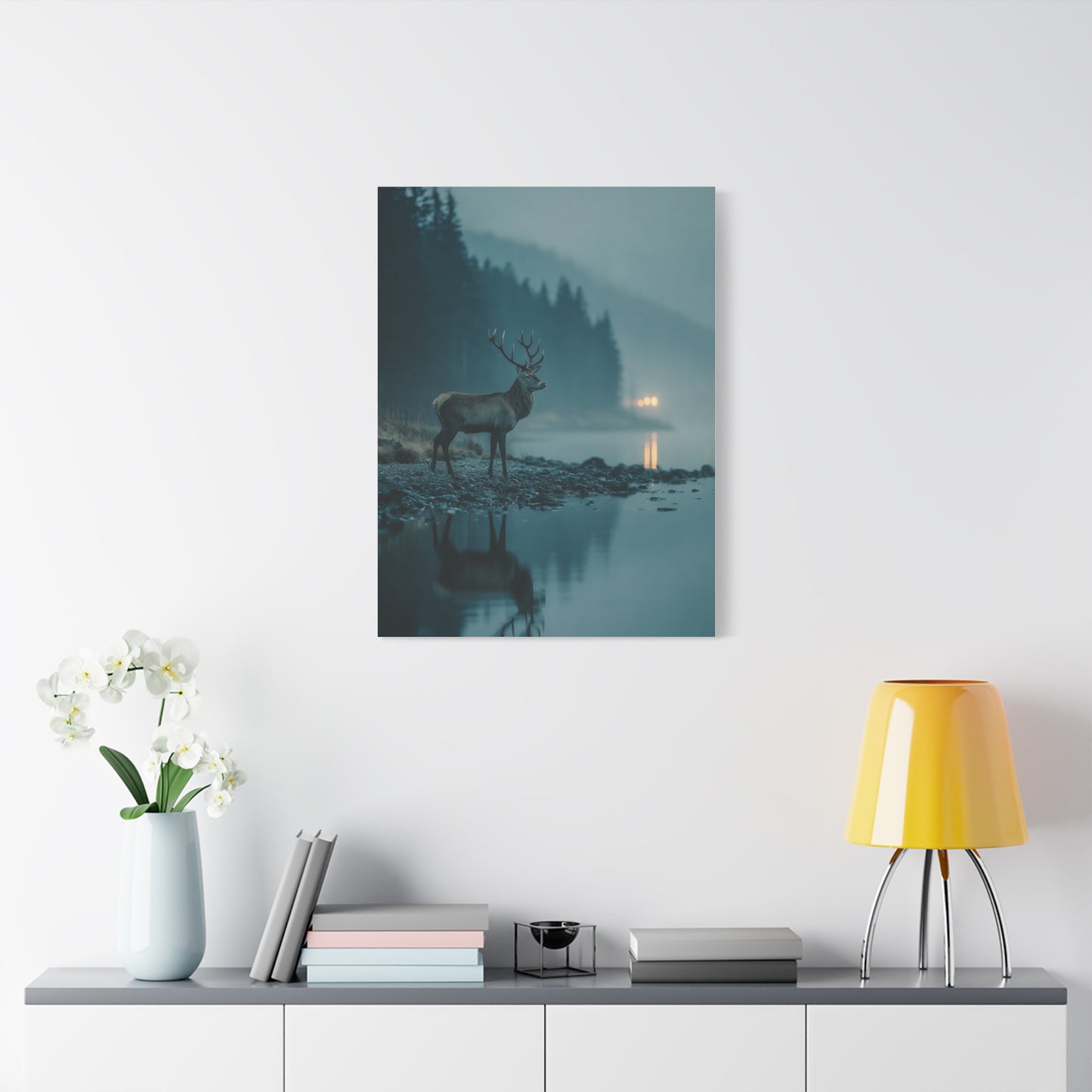 Blue Hour Lakeside Stag Reflection Wall Art & Canvas Print