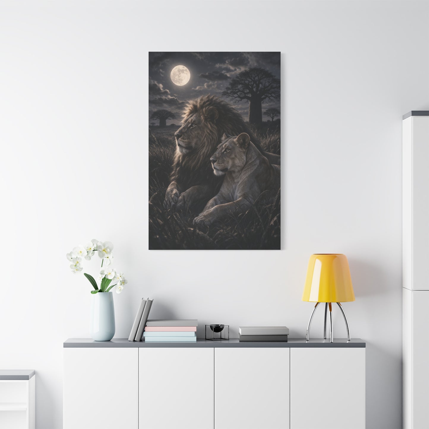 Lion and Lioness Under Moonlight Unity Wall Art & Canvas Print