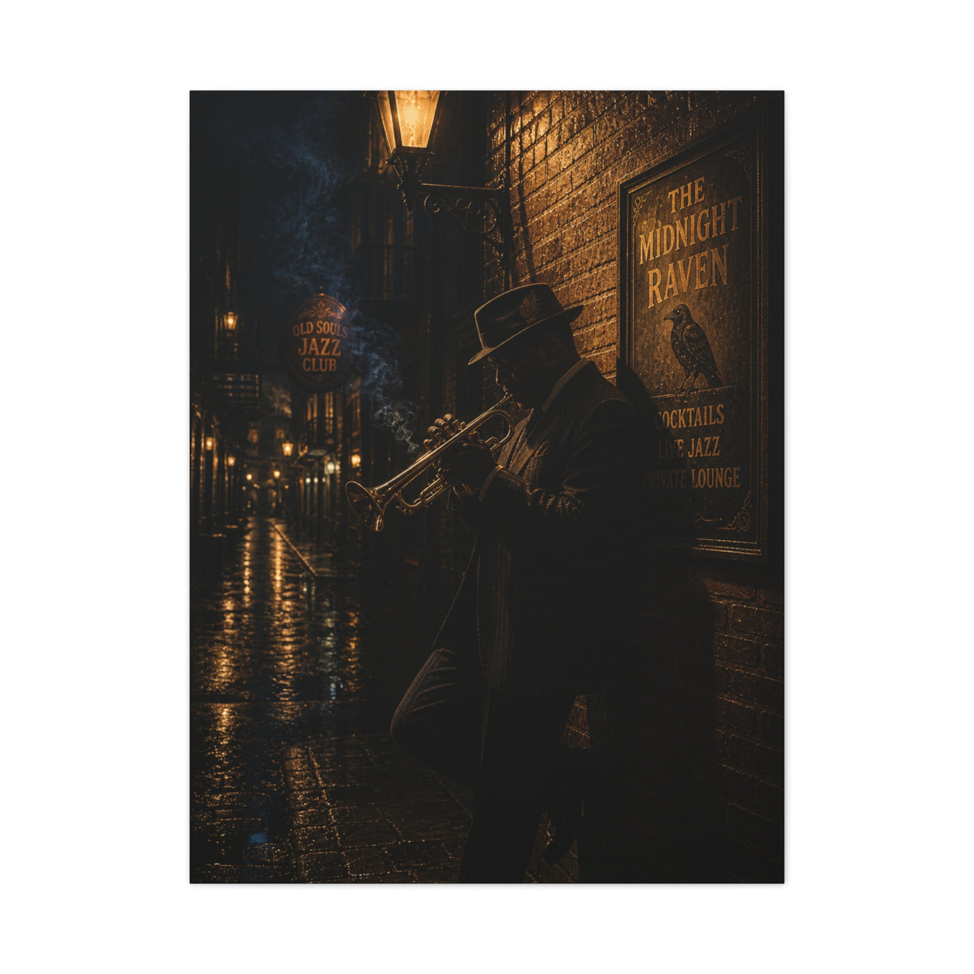 Midnight Jazz Alley Trumpeter Wall Art & Canvas Print