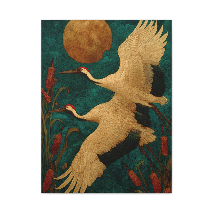 Golden Moon & Green Sky Crane Flight Wall Art & Canvas Print