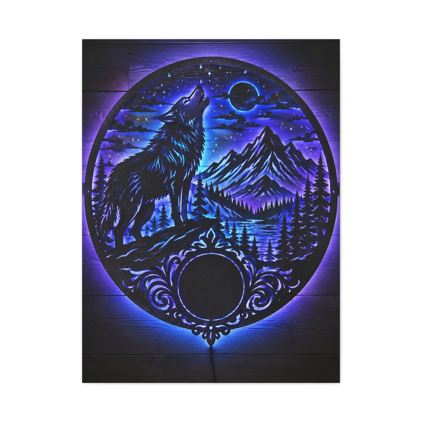 LED Mountain Wolf Night Circle Scene Wall Art & Canvas Print