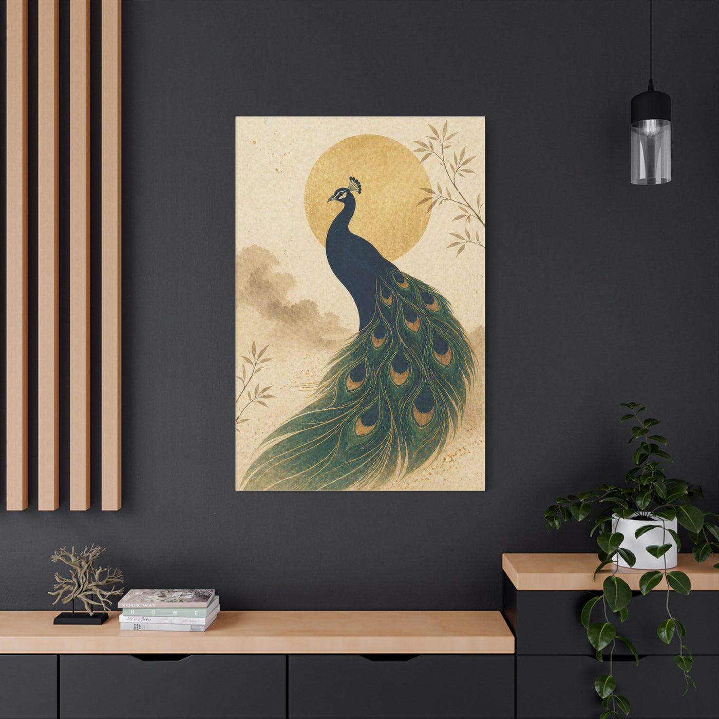 Japandi Moon Peacock Minimal Wall Art & Canvas Print