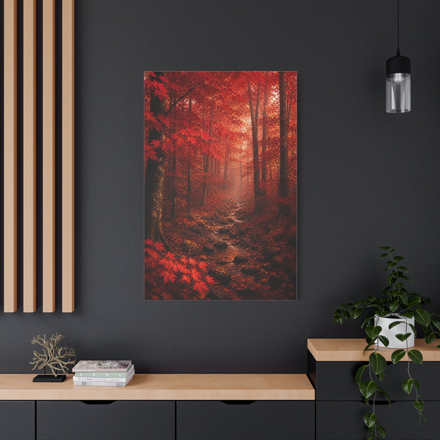 Crimson Autumn Forest Stream Wall Art & Canvas Print