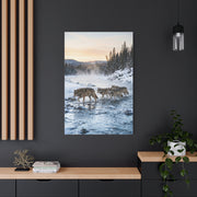 Winter River Wolf Pack Crossing Scene Wall Art & Canvas Print