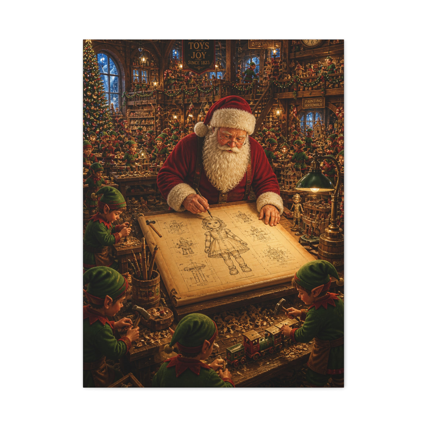 Santa’s Busy Workshop Blueprint Wall Art & Canvas Print