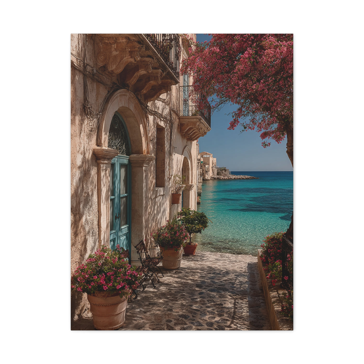 Sicilian Coastal Balcony Scene Wall Art & Canvas Print