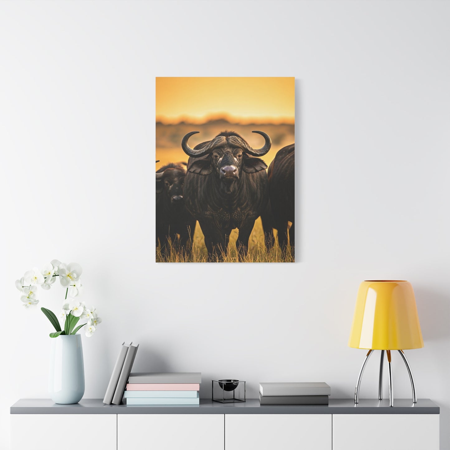 Buffalo Herd in Golden African Sunset Wall Art & Canvas Print