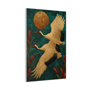 Golden Moon & Green Sky Crane Flight Wall Art & Canvas Print