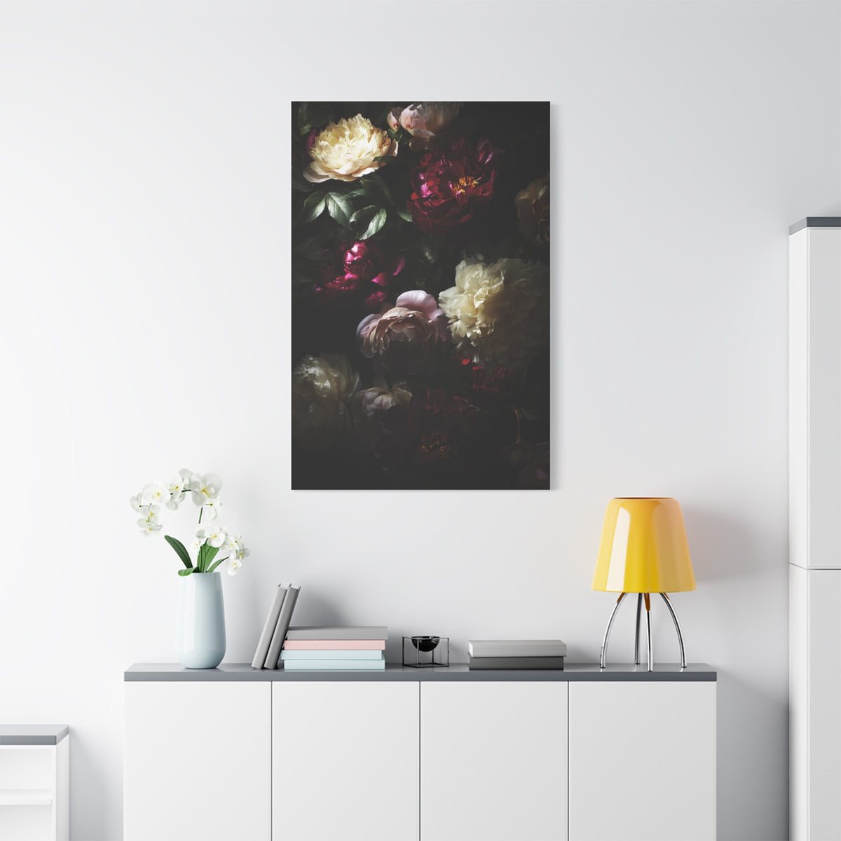 Luminous Peonies on Dark Background Wall Art & Canvas Print