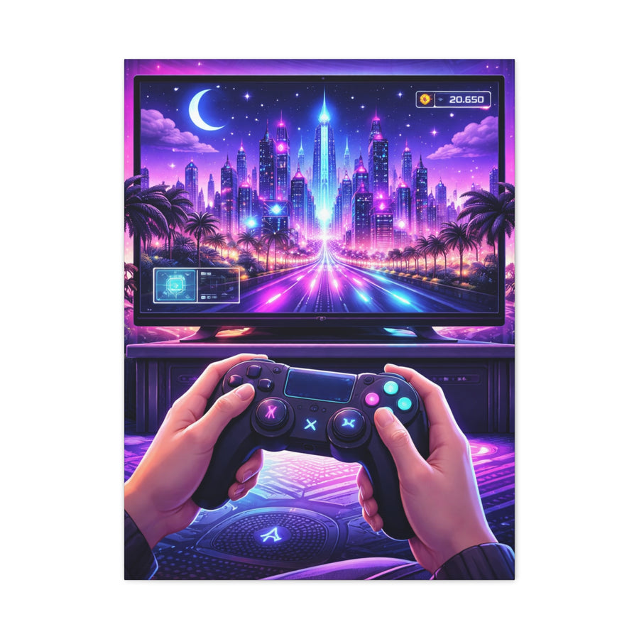 Neon Gamer Cityscape Wall Art & Canvas Print