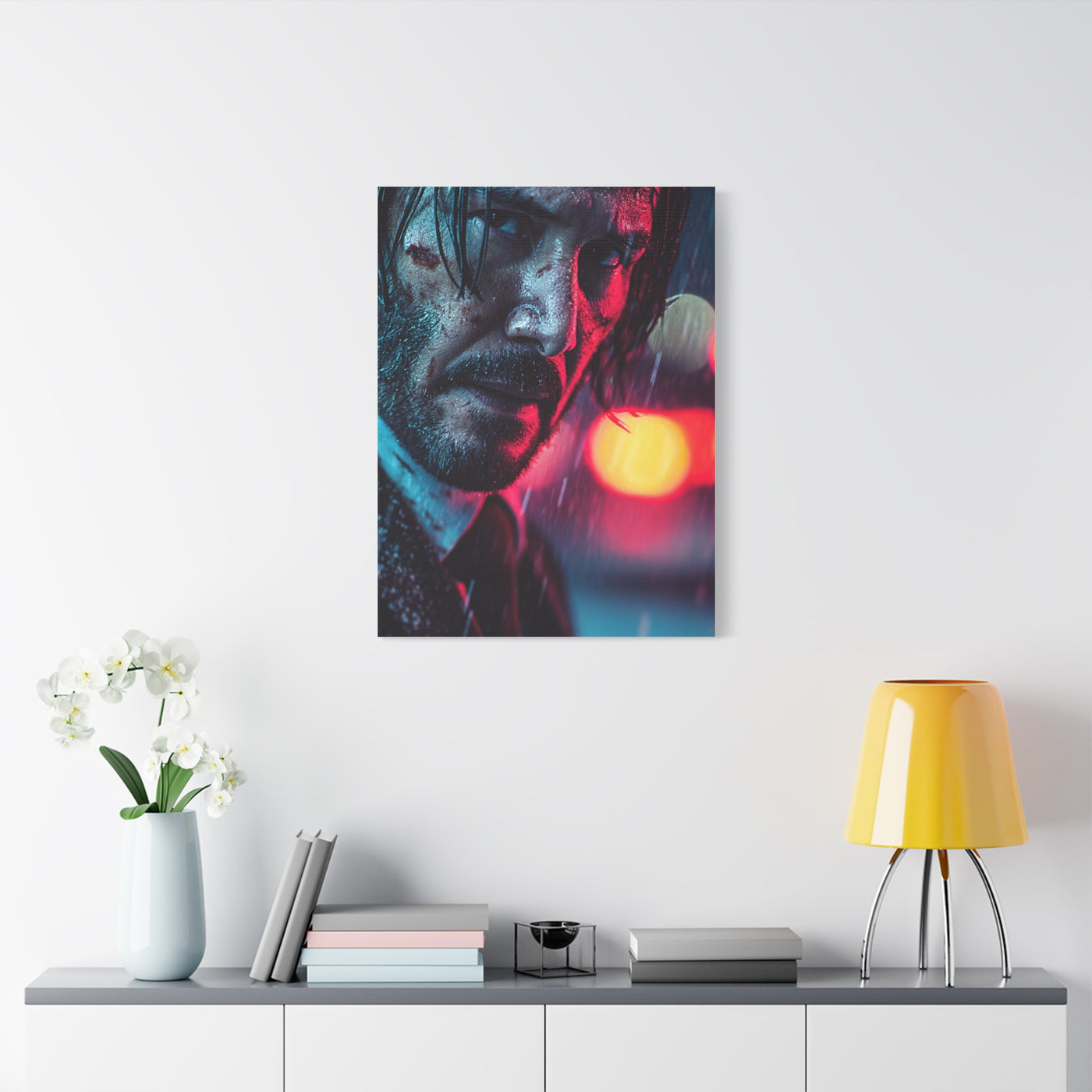 John Wick Neon Rain Close-Up Movie Poster Wall Art & Canvas Print