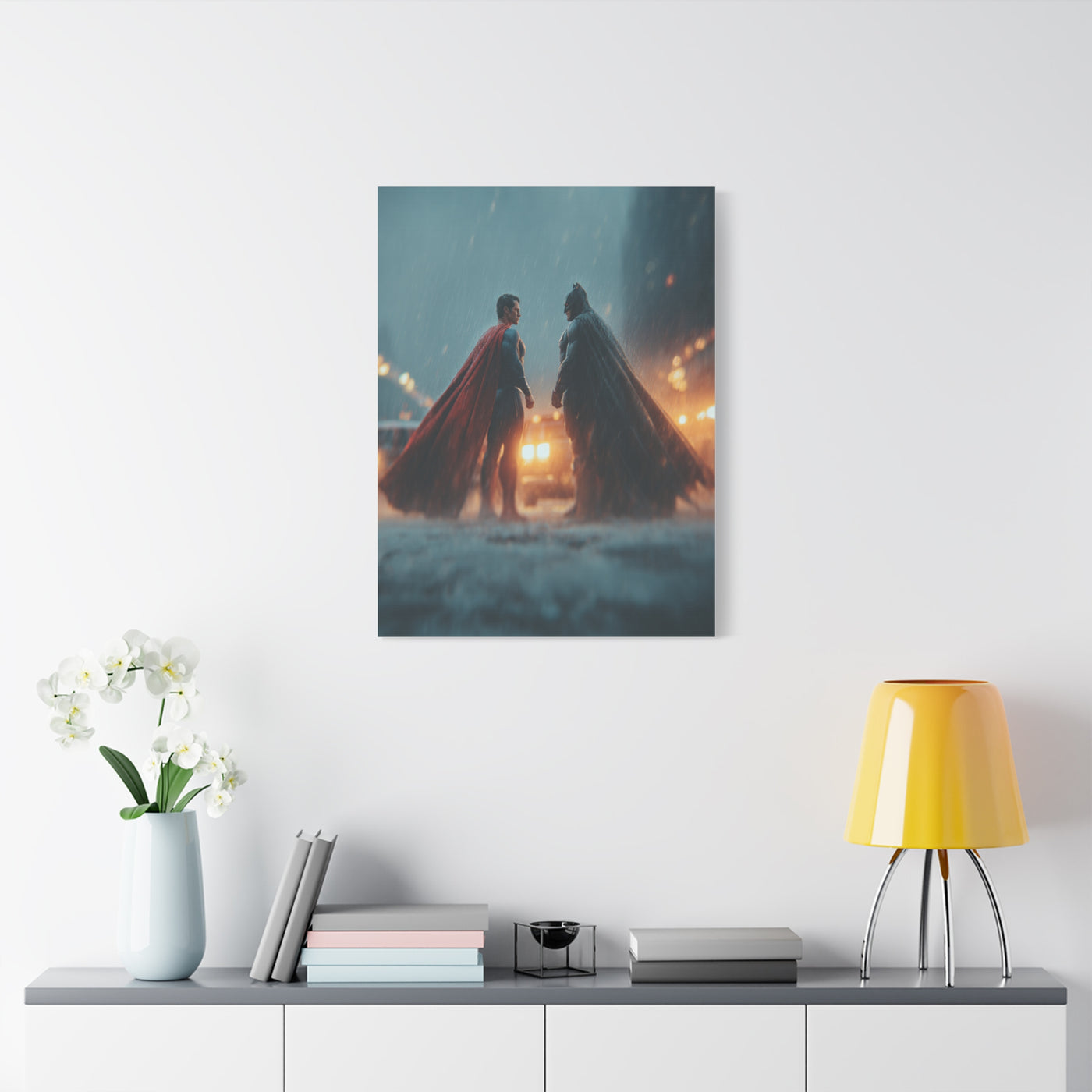 Batman vs Superman Rainy Gotham Clash Poster Wall Art & Canvas Print