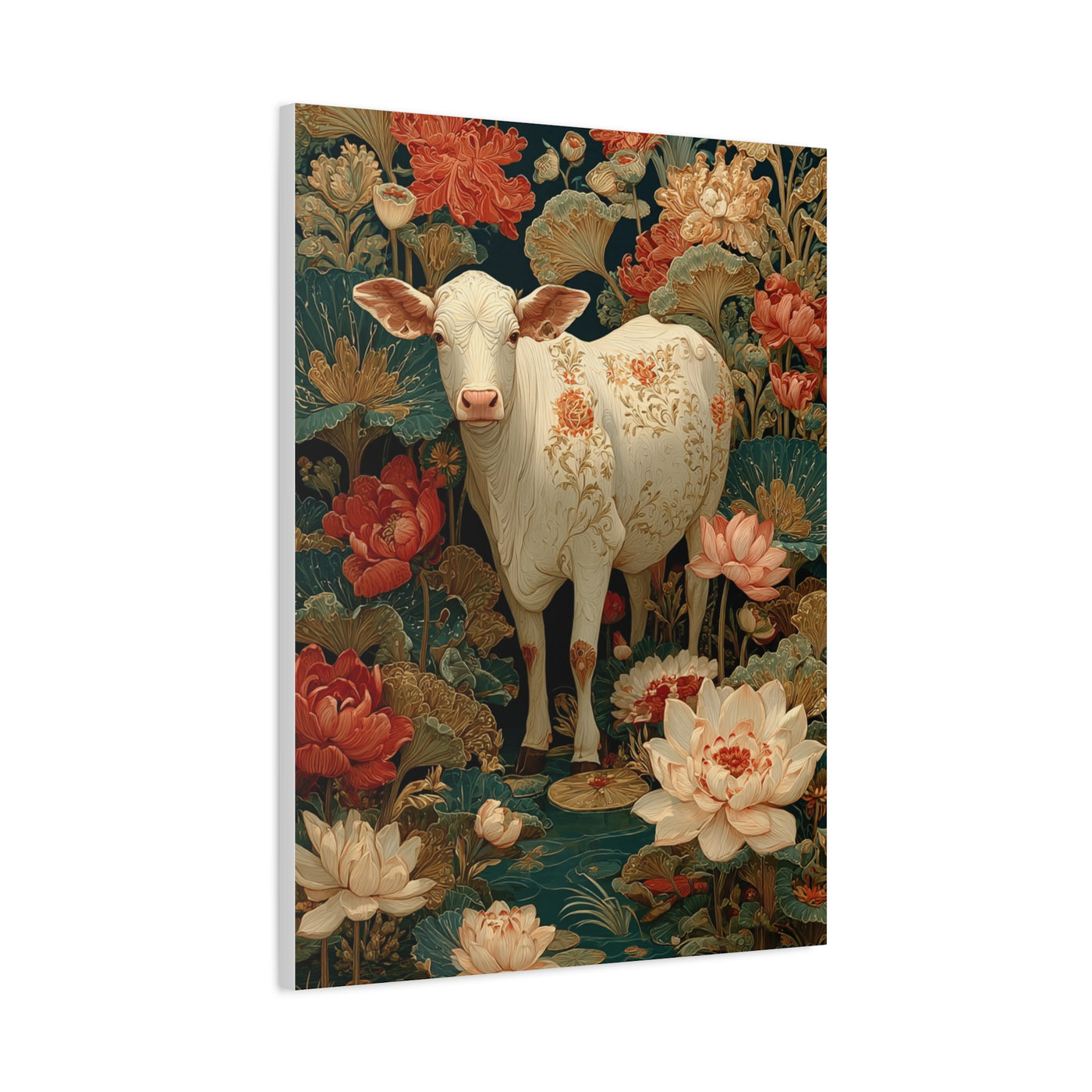 Pichwai White Cow Lotus Garden Wall Art & Canvas Print