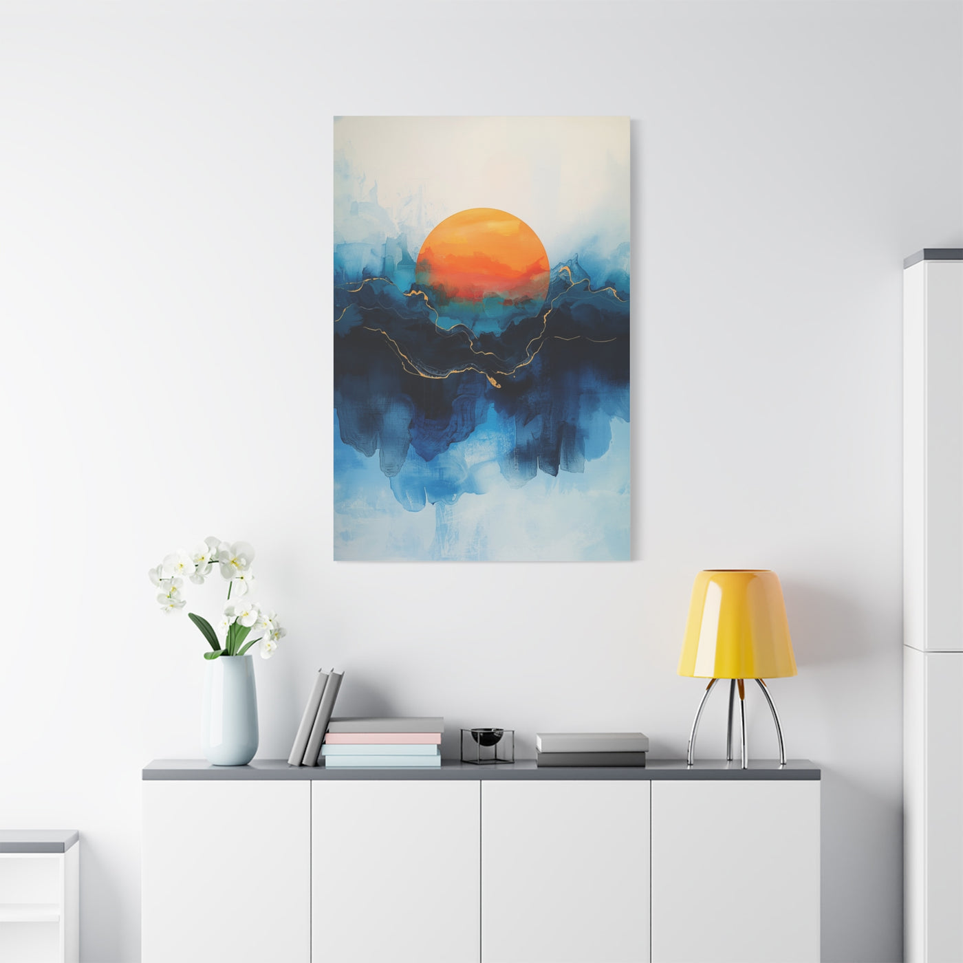 Orange Sun Over Indigo Waves Abstract Wall Art & Canvas Print