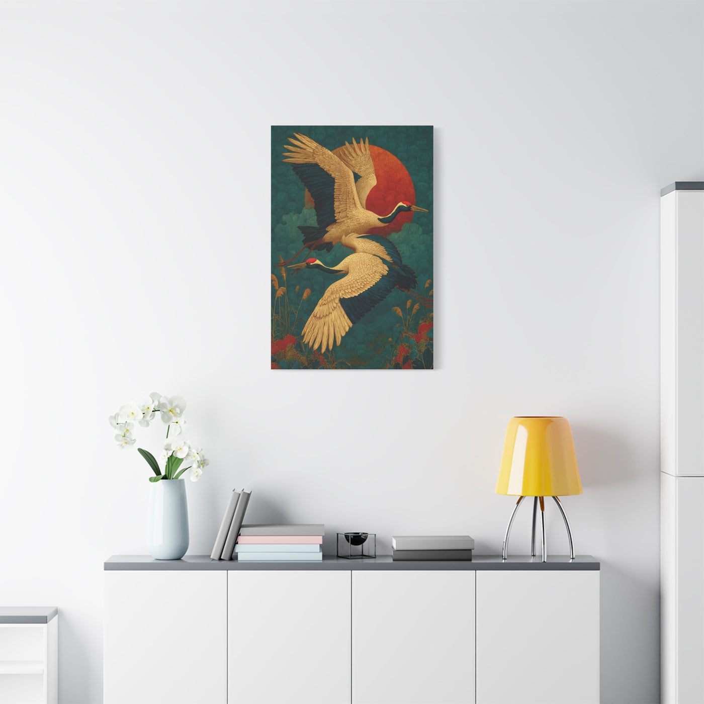 Golden Crane Celestial Flight Wall Art & Canvas Print