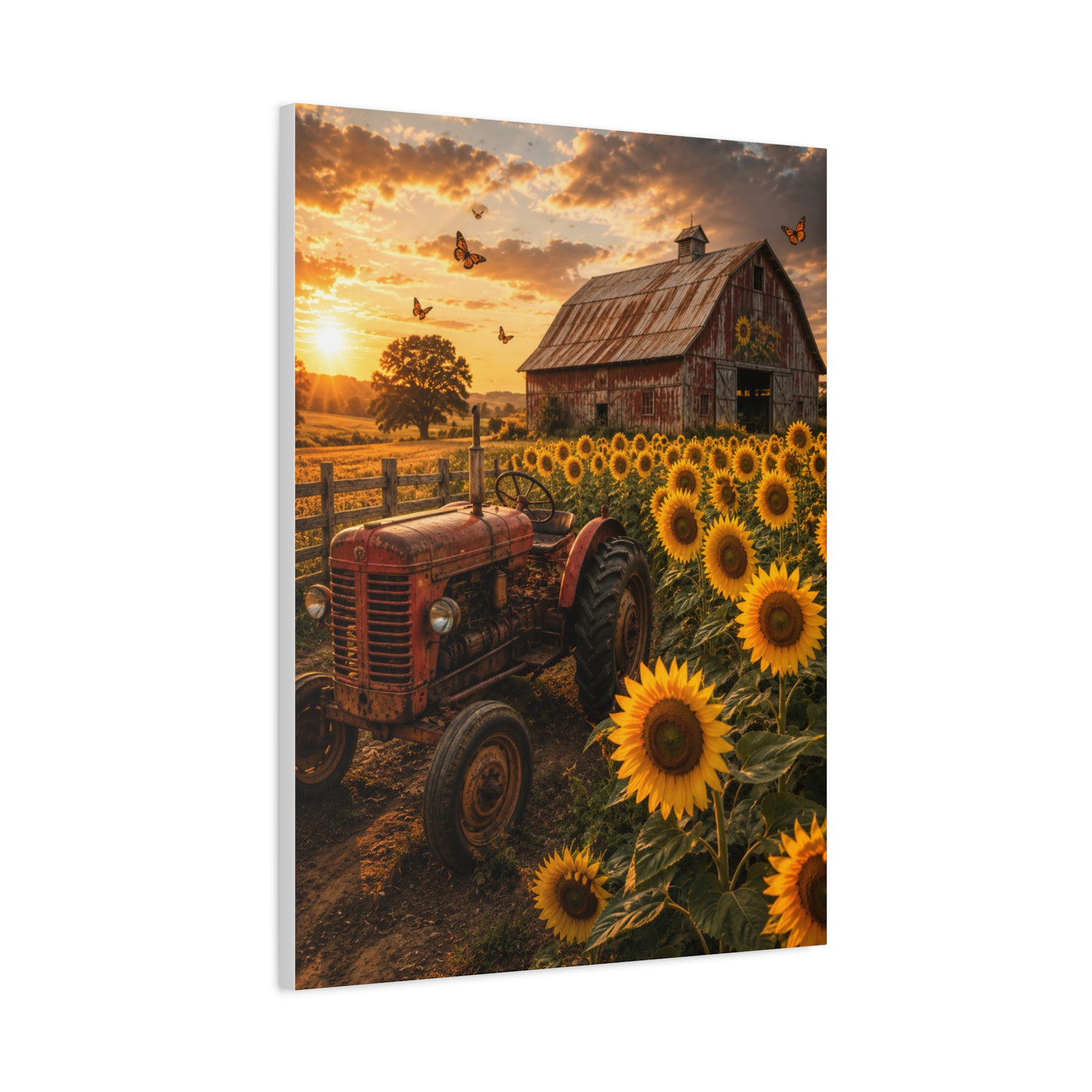Rustic Farmhouse Sunflower Field Tractor Wall Art & Canvas Print