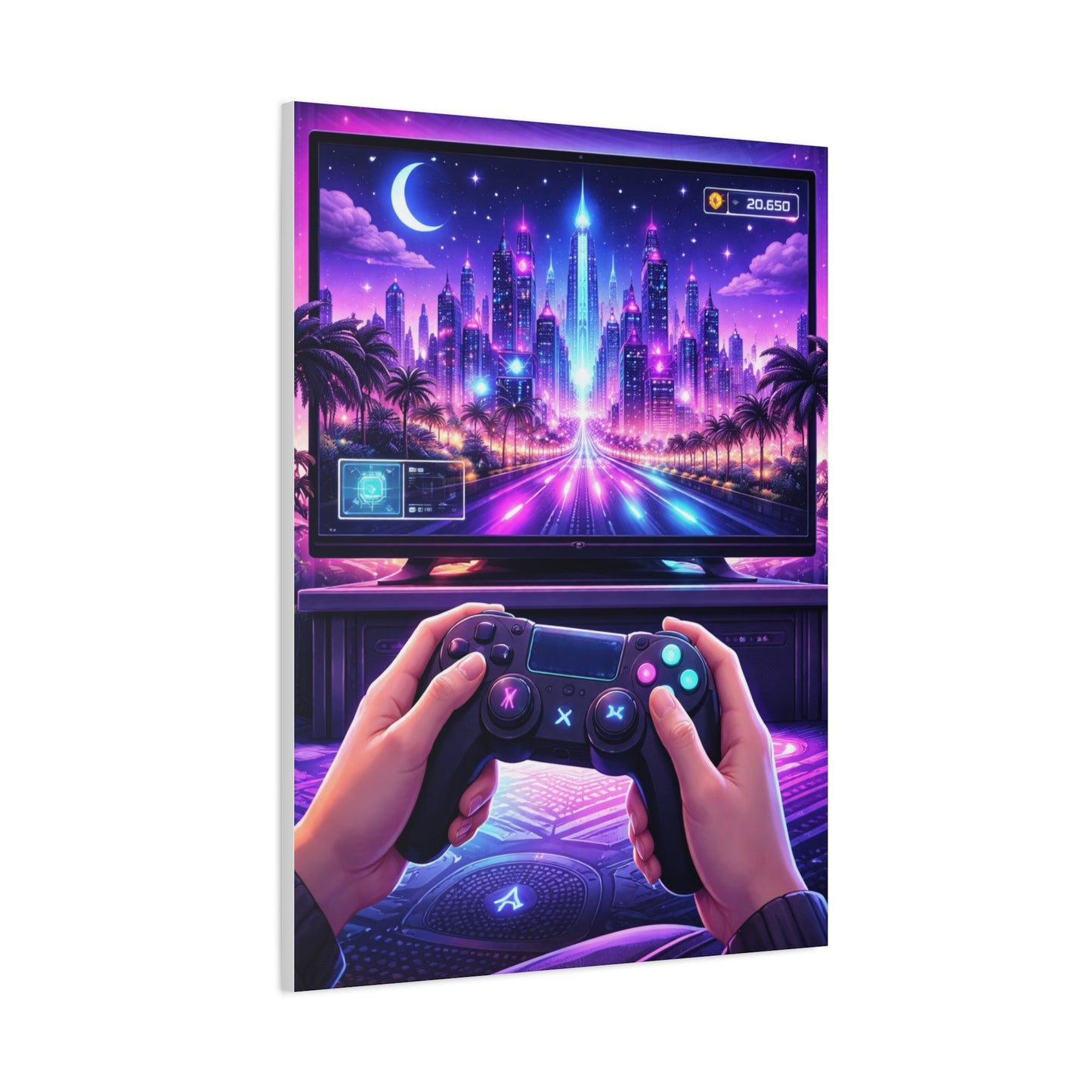Neon Gamer Cityscape Wall Art & Canvas Print