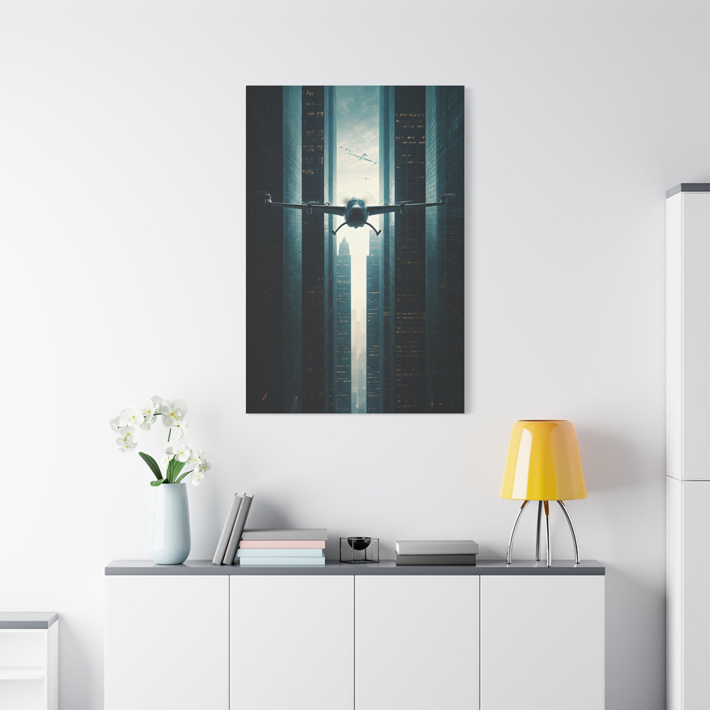 Electric Aircraft Between Skyscrapers Wall Art & Canvas Prints